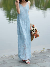 Light Blue French Fringe VNeck Slip Maxi Dress Elegant Tassel Textured