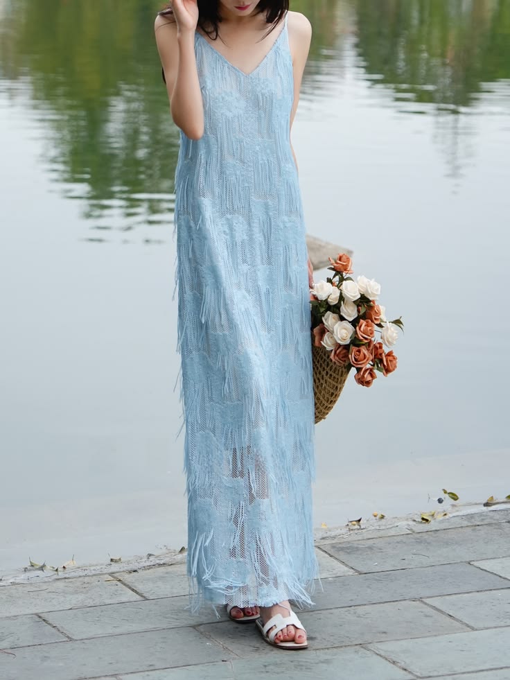 Light Blue French Fringe VNeck Slip Maxi Dress Elegant Tassel Textured