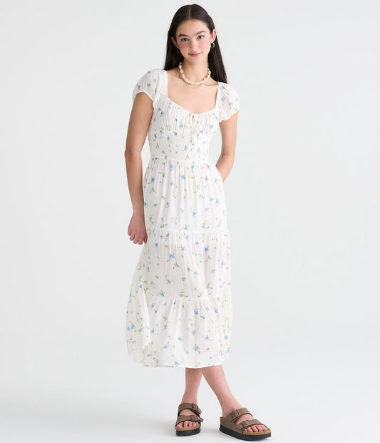Aeropostale Womens' Floral Scoop Neck Smocked Waist Midi Dress White