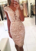 Sheath V Neck Cap Sleeve Lace Knee Length Homecoming Dress, Beading