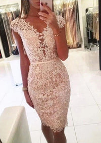 Sheath V Neck Cap Sleeve Lace Knee Length Homecoming Dress, Beading