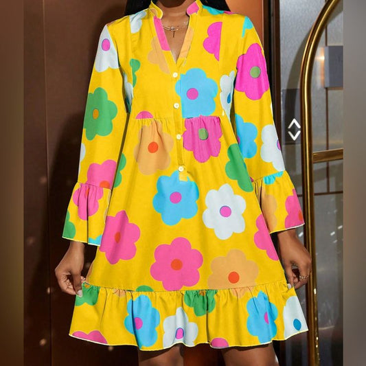 Spring Summer Casual Boho Dress With Floral Print And Notched Neckline