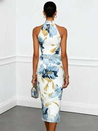 Blue Floral Satin Halter Sleeveless Sheath Midi Vacation Dress