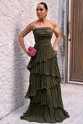 Strapless Ruched Tiered Pleated Chiffon Maxi Prom Dress