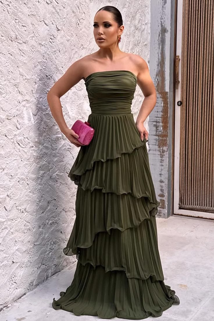 Strapless Ruched Tiered Pleated Chiffon Maxi Prom Dress
