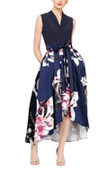 SL Fashions 9159236 Printed Mikado Skirt Long Formal Dress Navy Multi