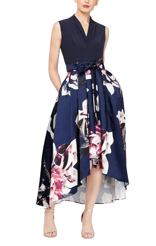 SL Fashions 9159236 Printed Mikado Skirt Long Formal Dress Navy Multi