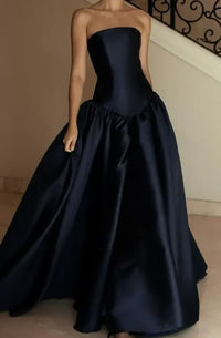 Strapless A Line Navy Blue Satin Long Formal Party Dress