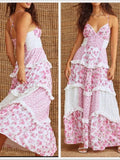 Pink Floral Tiered Maxi Dress With Lace Trim Color: Pink White Size: