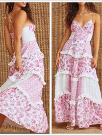 Pink Floral Tiered Maxi Dress With Lace Trim Color: Pink White Size: