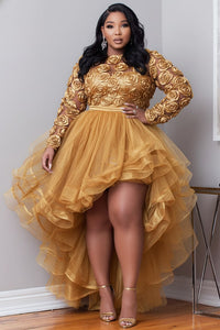 Xpluswear Design Plus Size Party Gold Round Neck Long Sleeve 3D