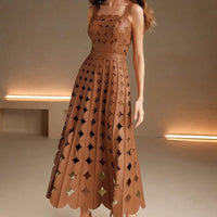 Khaki Elegant Women's Faux Leather Laser Party Maxi Dress Color: Tan