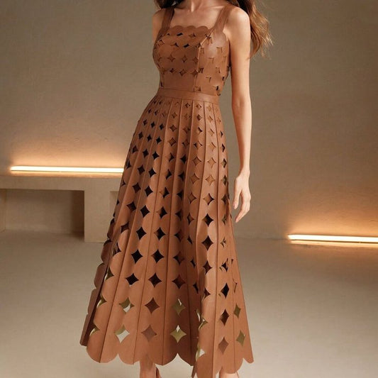 Khaki Elegant Women's Faux Leather Laser Party Maxi Dress Color: Tan