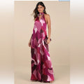 Dress Nwt Prime Poise Pink Multi Abstract Satin Halter Maxi Dress