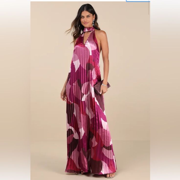 Dress Nwt Prime Poise Pink Multi Abstract Satin Halter Maxi Dress
