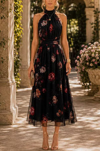 Margovil Sleeveless High Waist Floral Print Flowy Midi Dress