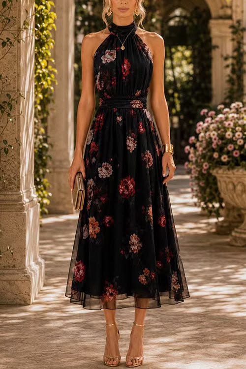 Margovil Sleeveless High Waist Floral Print Flowy Midi Dress