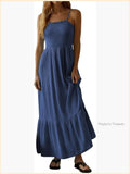 100% Cotton Smocked Maxi Dress Adjustable Spaghetti Strap Ruffle Hem