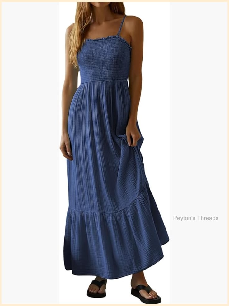 100% Cotton Smocked Maxi Dress Adjustable Spaghetti Strap Ruffle Hem