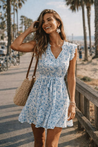 Blue Floral Mini Dress For Summer Beach Vacation Outfits