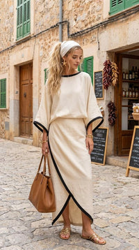 Boho Two Piece Skirt Set Batwing Sleeve Top & Maxi Skirt, Minimalist