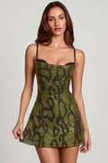 Embellished Cowl Neck A Line Mini Dress In Green Snake