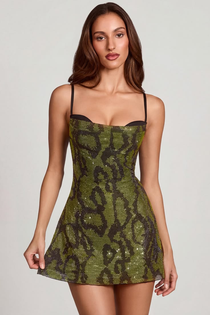 Embellished Cowl Neck A Line Mini Dress In Green Snake