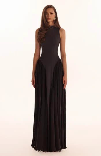 Milla Fitted Mock Neck Formal Maxi Dress In Black At , Size X Small