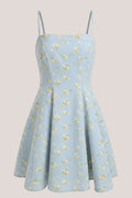 Warm A Line Rose Printed Cotton Mini Dress In Blue