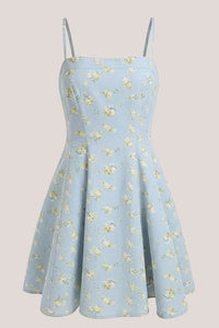 Warm A Line Rose Printed Cotton Mini Dress In Blue