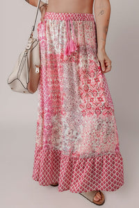 Printed Tassel Drawstring High Waist Maxi Skirt