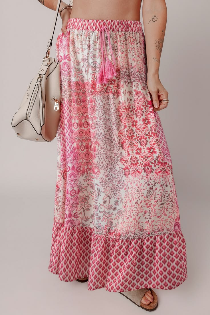 Printed Tassel Drawstring High Waist Maxi Skirt