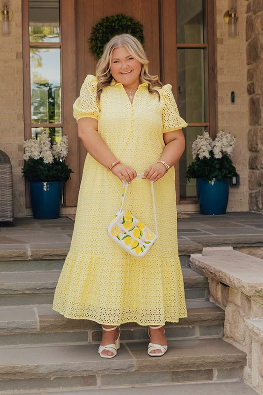 Easy Grace Eyelet Midi Dress in Yellow Curves