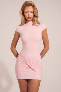 Blair Ruched Backless Turtleneck Mini Dress In Pink