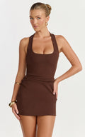 Lucinda Mini Dress Scoop Neck Ruched Bodycon Dress In Chocolate