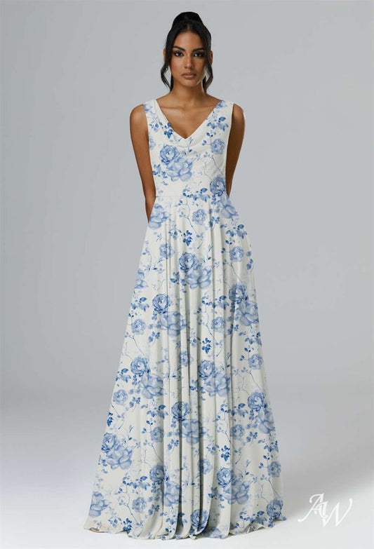 AW Petronilla Dress, Champagne Chiffon Floor Length V Neck Bridesmaid