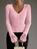 Isabella – Ribbed V-Neck Knit with Lace Sleeves