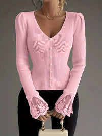 Isabella – Ribbed V-Neck Knit with Lace Sleeves