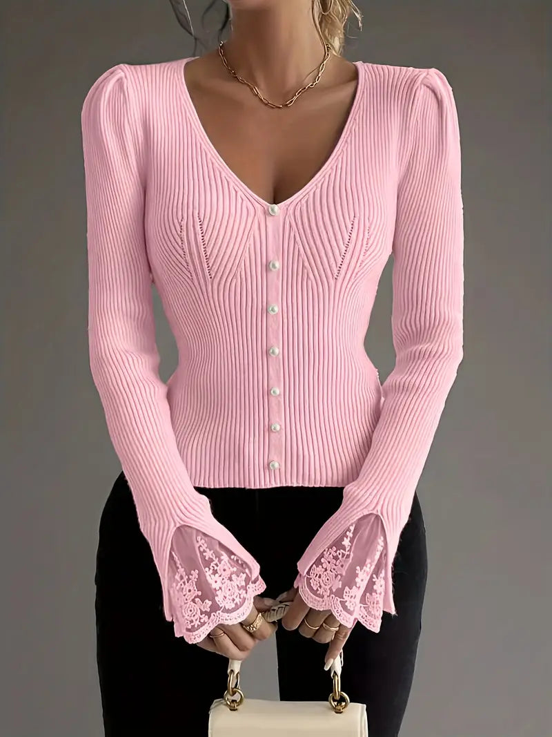 Isabella – Ribbed V-Neck Knit with Lace Sleeves