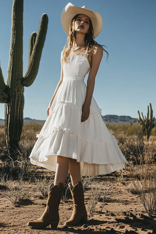 Ivory Midi Boho Western Wedding Dress With Ruffles Ivory Us22W