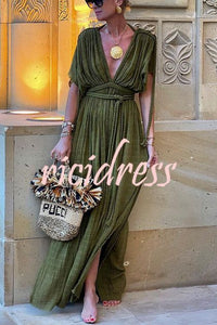 Greek Style Linen Blend Draped Braids Kimono Cover Up Slit Maxi Dress