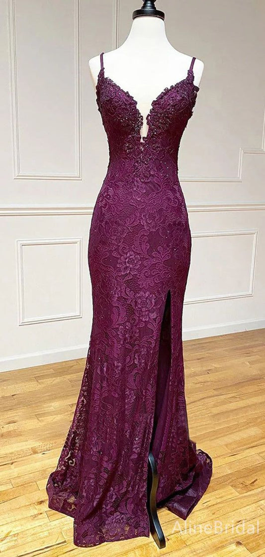 Elegant Purple Lace Beaded Backless Mermaid Prom Dress With Slit Long