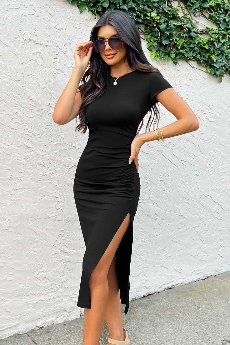 Zola Round Neck Ruching Short Sleeve Dress