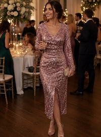 Melloday Dress Melloday Long Sleeve Pink Sequin V Neck Midi Dress.