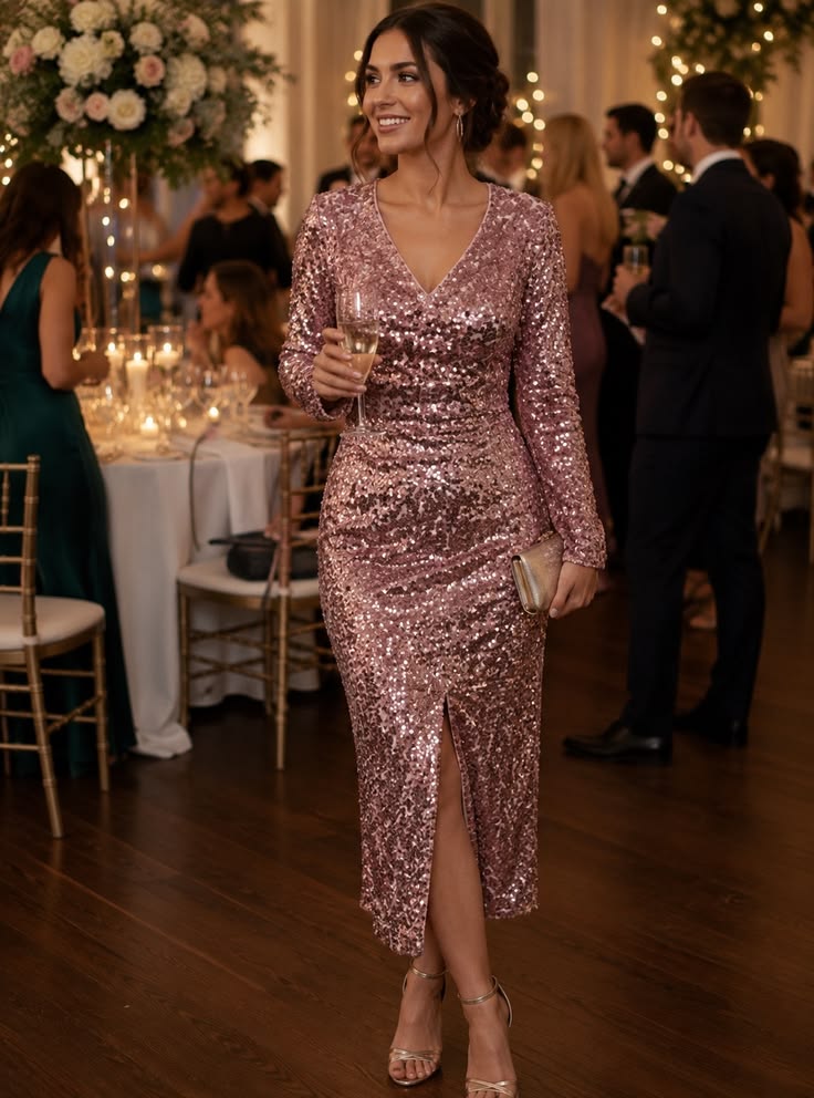 Melloday Dress Melloday Long Sleeve Pink Sequin V Neck Midi Dress.