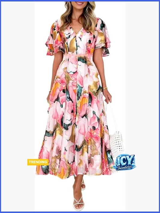 Floral Maxi Dress With V Neck And Flutter Sleeves Color: Pink Size: