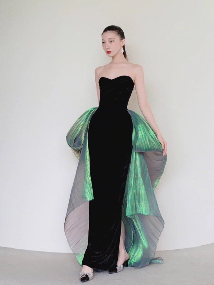 Sexy Mermaid Long Black Velvet Prom Dress With Sleeves Long Prom Gow