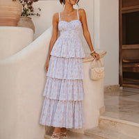 & Fitch Dress & Fitch Maxi Dress Blue Floral Cotton Tiered Tie Back