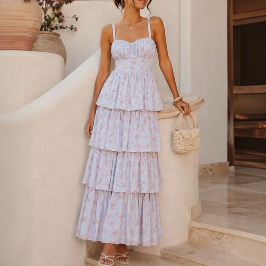 & Fitch Dress & Fitch Maxi Dress Blue Floral Cotton Tiered Tie Back