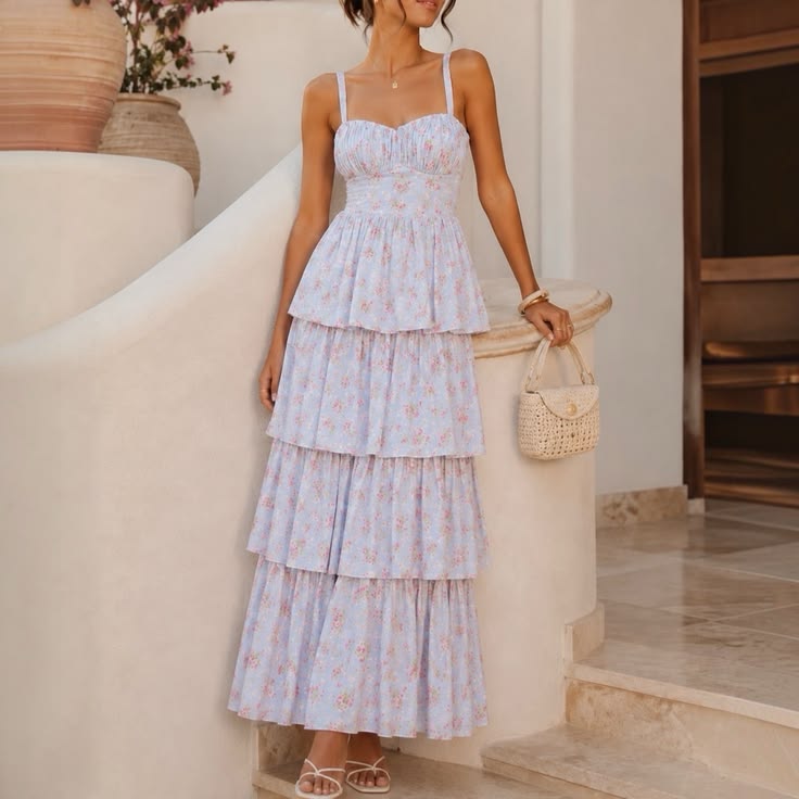 & Fitch Dress & Fitch Maxi Dress Blue Floral Cotton Tiered Tie Back